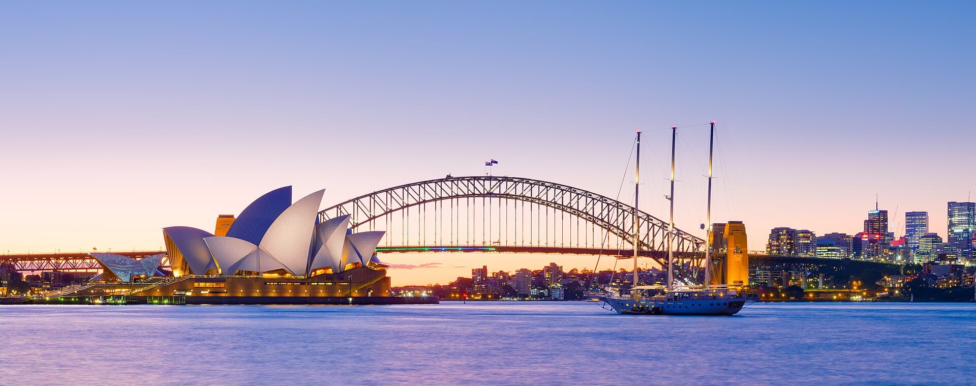 Sydney Harbour and the Opera House at dusk